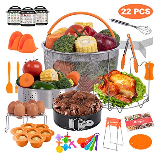 PentaQ 22 Pieces Instant Pot Accessories Compatible with 5/6/8 Quart, Pressure Cooker Accessories Set Orange - 2 Steamer Basket, Non-Stick Springform Pan, Egg Rack, Kitchen Tong, Dish Plate Clip