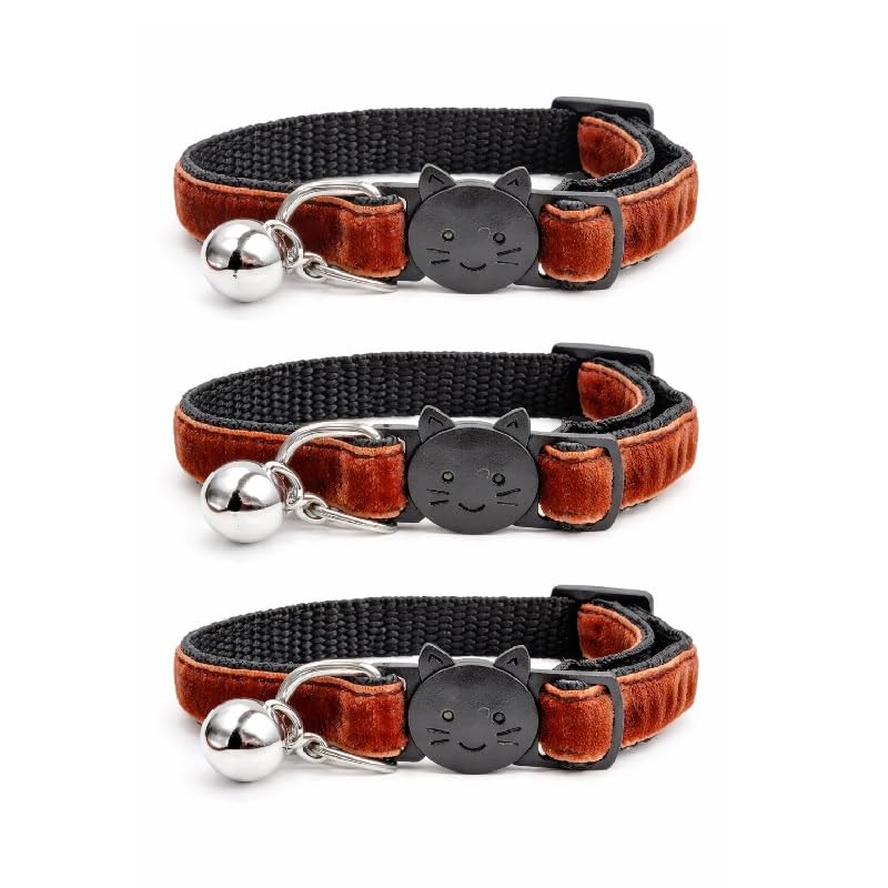 Velvet Cat Collars with Bell. Safe Breakaway Quick Release Buckle. Available in Cat & Kitten Size (Pack of 3) (Cat Collar (20cm - 30cm), Brown Velvet (Pack of 3))