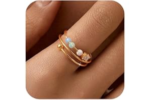 LOVECOM 14K Gold Plated Filled Fidget Rings With Opal S925 Sterling Silver Adjustable Open Anxiety Ring for Women Cute Stress Relieving Spinner Ring With Beads Jewelry Christmas Gifts for Mom