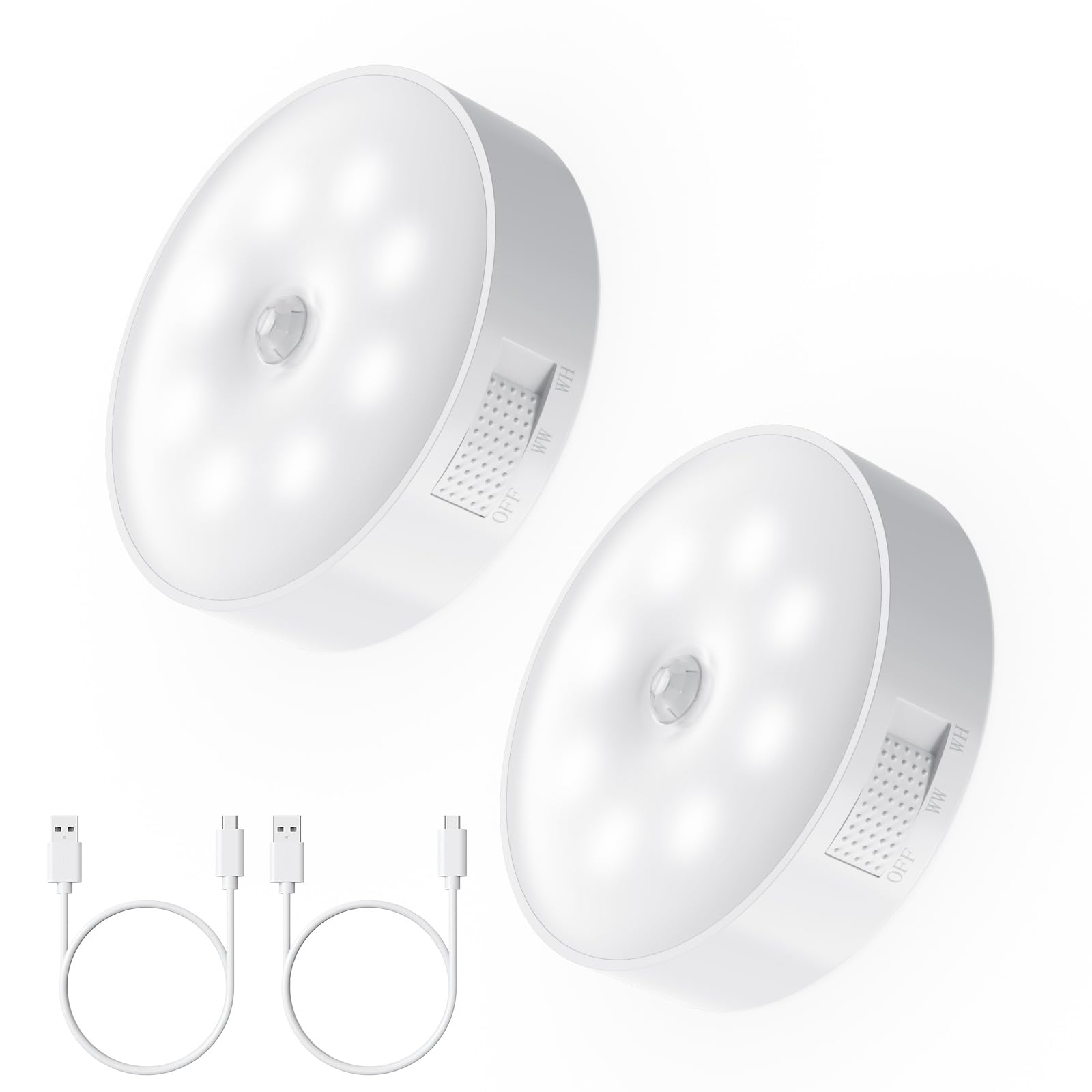 HUSAIHU 2 Pack Motion Sensor Night Lights, USB Charging Wireless LED Wardrobe Light, 2 Modes Warm and White Night Light, Sensor Lamp for Bedside, Stair, Bathroom, Closet, Corridors, Warehouse