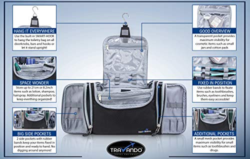 TRAVANDO XXL Toiletry Bag for Women "MAXI" with Hanging Hook - Large Wash Bag - Many Pockets - Travel Set, Travel Toiletry Kit Cosmetics Makeup Big Toilet Organizer Suitcase Luggage (Black) 4 TRAVANDO XXL Toiletry Bag for Women "MAXI" with Hanging Hook - Large Wash Bag - Many Pockets - Travel Set, Travel Toiletry Kit Cosmetics Makeup Big Toilet Organizer Suitcase Luggage (Black)