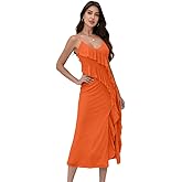 Xbapou women'Printed Mesh Boho Floral Long Dress Ruffle Hem Slip Sleeveless V Neck Wrap Maxi Dress