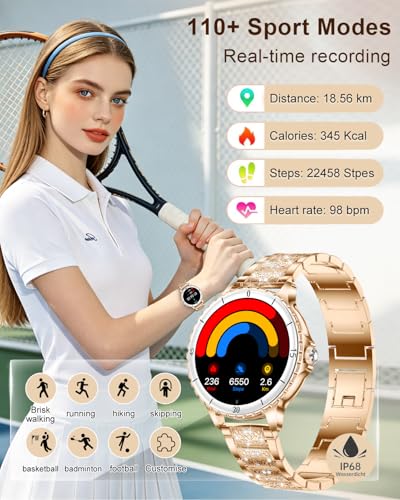 Women's Smart Watch with Calls, 1.27'' Smartwatch Woman with Diamond Strap, Compatible with Android/iOS, IP68 Waterproof Smart Watch Round with 120+ Sports SpO2 Sleep Pedometer, Rose Gold