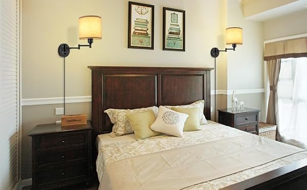 PLUG IN WALL SCONCES WITH REMOTE CONTROL, DIMMING 10%-100% & ADJUSTABLE COLORS 2700K-6500K, HARDWIRE OR PLUG-IN, SWING ARM WALL LAMP WITH LINEN FABRIC SHADE, WALL SCONCES SET OF TWO, BLACK FINISH