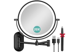 AUXMIR 1X/20X Wall Mounted Makeup Mirror with Light, 8" Rechargeable Double-Sided Magnifying Mirror, Vanity Mirror Dimmable 3 Color Light, 360° Extension Rotation Foldable 14.5 Inch Arm for Bathroom
