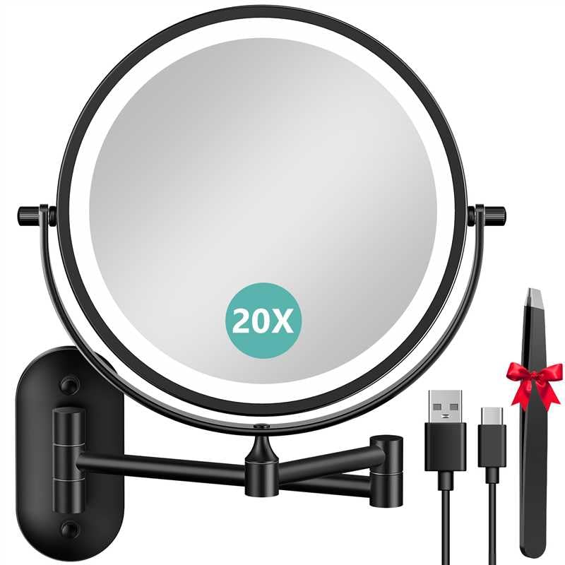 Photo 1 of 1X/20X Wall Mounted Makeup Mirror with Light, 8" Rechargeable Double-Sided Magnifying Mirror, Vanity Mirror Dimmable 3 Color Light, 360° Extension Rotation Foldable 14.5 Inch Arm for Bathroom