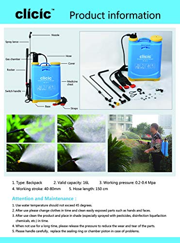 CLICIC Backpack Sprayer 4 Gallon (16L) - Knapsack Manual Hand Pump Sprayer for Garden Lawn Yard Farm - Thumbnail 6