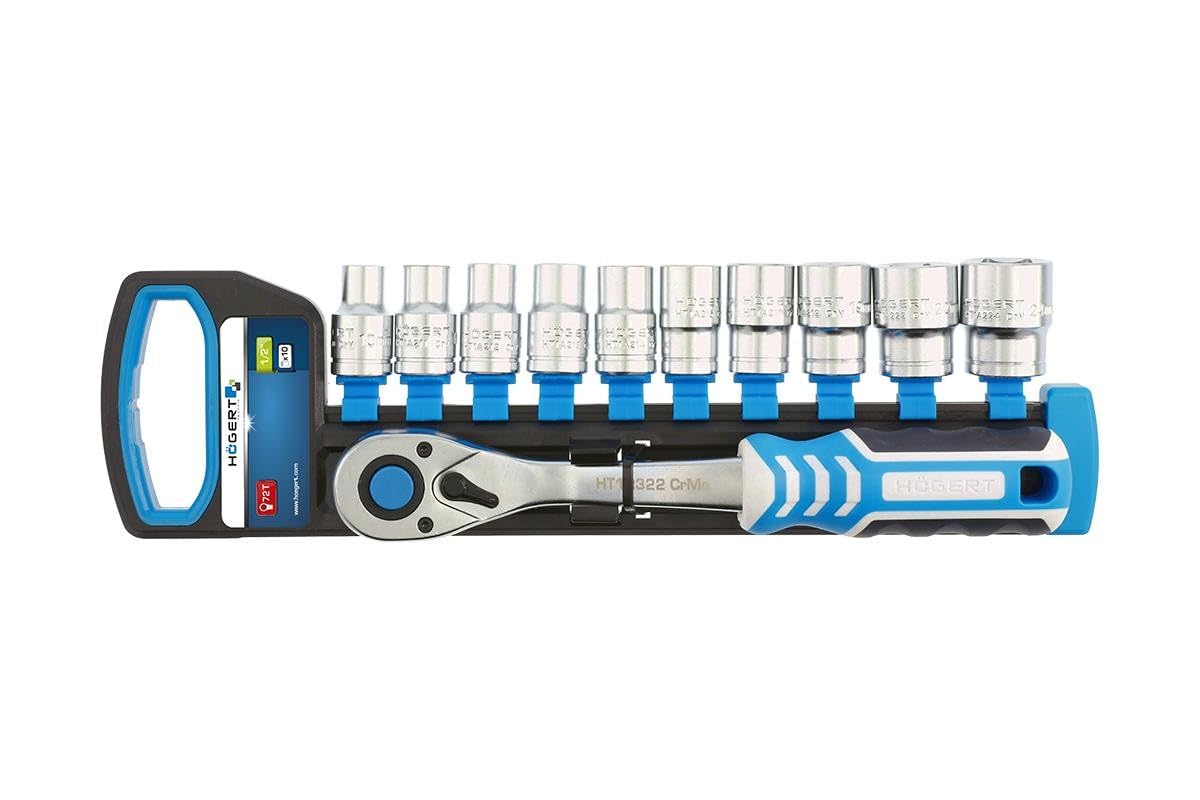 Högert Technik - Socket Spanner Set with Reversible Ratchet 1/2 Inch - Made of High-Quality Chrome-Molybdenum Alloy Steel - Ratchet 1/2 Inch Torx Tips 4, 5, 6, 7, 8, 9, 10, 11, 12, 13 mm - 72 Teeth