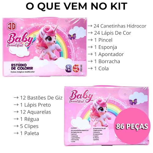 Maleta de Pintura Infantil 86 Peças — Estojo Rosa, Lápis de Cor, Canetinha, Giz de Cera, Aquarela e Pincel, Para Meninas 4 a 12 Anos, Escola e Presente