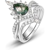 1.0CT Pear Shaped Moss Agate Engagement Rings for Women 14K Gold Plated 925 Sterling Silver Natural Moss Agate Ring Set Twisted Infinity Ring Vintage Halo Bridal Set 2pcs V Shaped Wedding Band Anniversary
