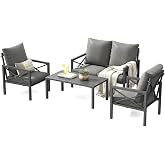 WENTUM 4 Piece Outdoor Patio Furniture Sets, Heavy Duty Metal Conversation Set with Thick Cushions, All-Weather Outside Sectional Sofa with Coffee Table for Backyard, Poolside, Grey