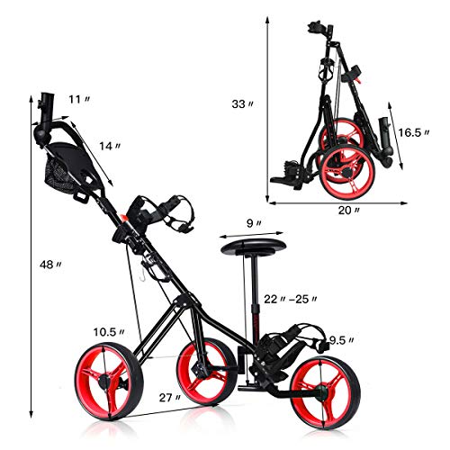 Red 3-Wheel Foldable Push Pull Club Trolley Golf Cart Bag Scoreboard w/Seat with Ebook - Thumbnail 7
