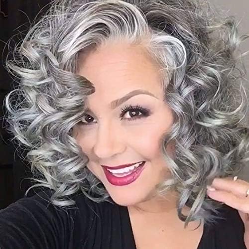Silver Gray Lace Front Wigs Grey Bob Wigs for Women Short Curly Silver Wig Lace Real Wigs Natural Hairline Glueless Synthetic Lace Front Wig Drag Queen Costume Cosplay 14Inch