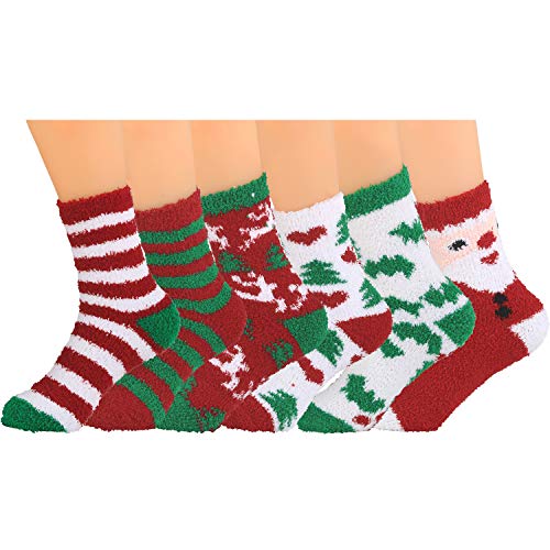 Christmas Fuzzy Socks,Kapmore 6 Pairs Cute Coral Fleece Warm Cozy Socks Holiday Slipper Winter Socks XMAS Fluffy Crew Socks for Women Girls
