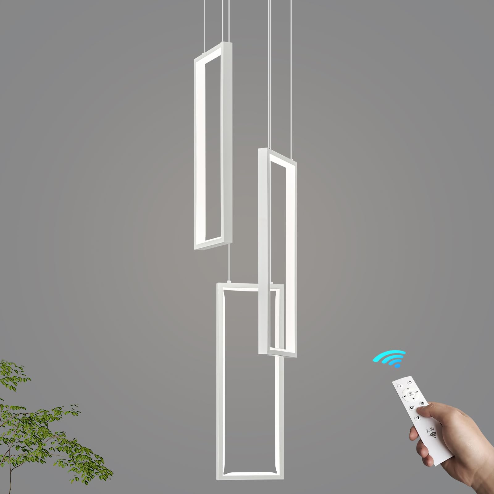 Photo 1 of FDPBY Modern Kitchen Pendant Light Fixture White 40W LED Pendant Light 3 Rings Rectangle Chandelier Pendant Lighting for Kitchen Island Living Room Dining Room Bedroom