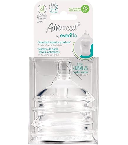 Evenflo Advanced Mamilas Anticólicos, Flujo Lento, Cuello Ancho, Silicón Grado Alimenticio, Libre de BPA, 0 Meses en Adelante, Transparente, 2 Piezas Bebé
