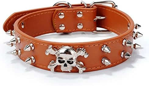 Younther Pet PU Rivets Adjustable Skull Head Dog Chain Ring Collar Spiked Studded Leather Dog Collar for Small or Medium Pet