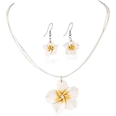 Hebelee Plumeria Flower Earrings Necklace Jewelry Set for Women Bohemian Tropical Flowers Dangle Earring Pendant Necklace Beach Hawaiian Party Accessories