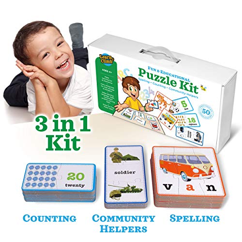 3-in-1 Educational Puzzles for Kids Toys Gift Set. 50 Pieces Puzzle for Boys/Girls Preschool Children, Toddler Ages, 3, 4, 5 Up-2 8-Year-Old. Learning, Counting, Spelling, Numbers, Community Helpers