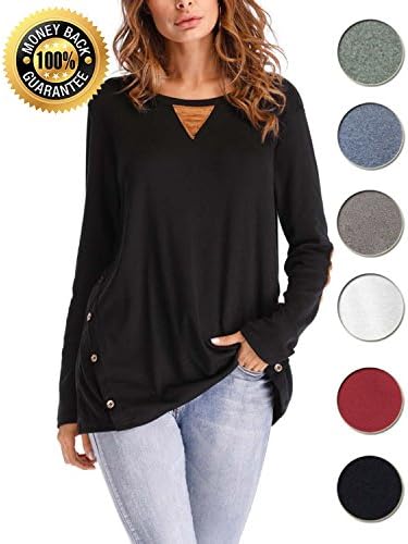 LOVEJIE Women's Casual Long Sleeve Tops Tunic Blouse Crew Neck T-Shirt With Faux Suede and Button Details Black Plus Size (Black, XX-Large)