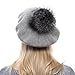 Women Wool Beret - Real Silver Fox Fur Pom Pom Beanies Winter Knit Cashmere Hats (Soft Grey)