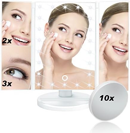ELOKI Vanity Makeup Mirror Trifold 22 Led Lighted with Touch Screen, 1x/2x/3x Magnification and Usb Charging, 180° Adjustable Stand for Countertop Cosmetic Shaver Mirror, White