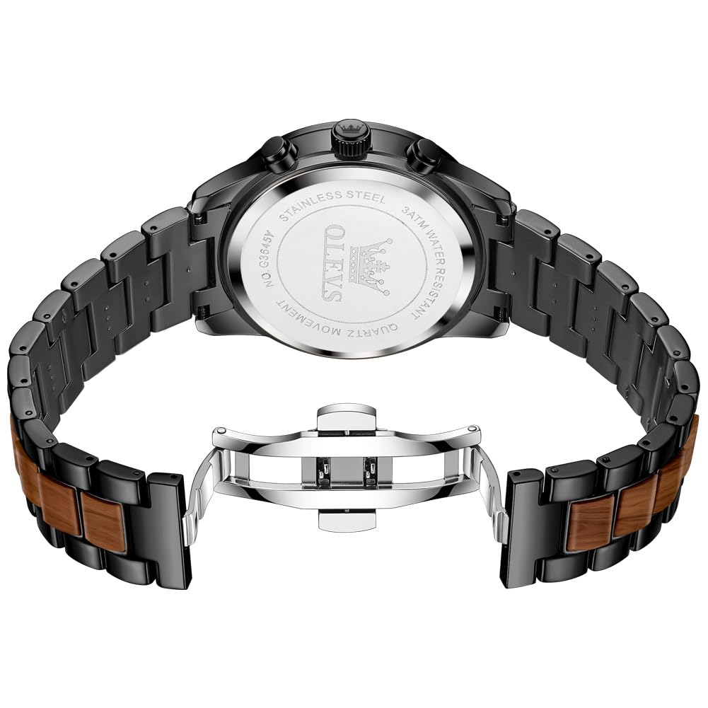 OLEVS Men's Watch Analogue Quartz Wooden Wristwatches Luxury Dress Chronograph Stainless Steel Waterproof Luminous Watches Men's Gift