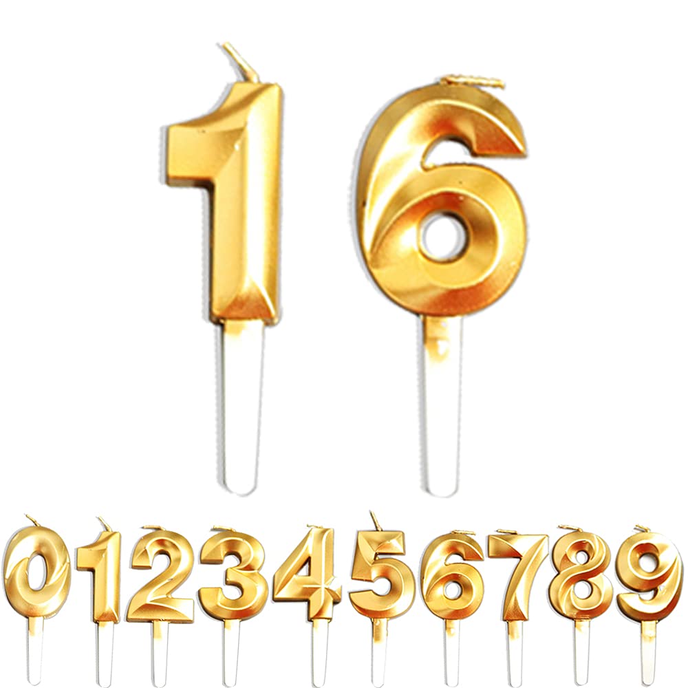 Birthday Candles, 16th/61th/1th/6th Birthday Cake Candles, Cake Decoration for Birthday Party Wedding Anniversary Graduation Party Supplies (Gold, Number 1&6)