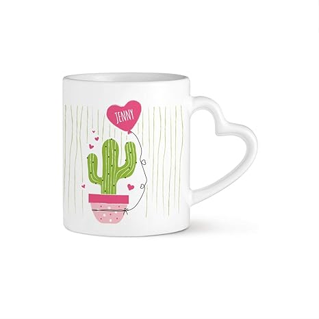 Tassenwerk Taza de Café Blanca con Impresión – Asa con Corazón – Cactus – Personalizada –