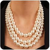Chargances 3 Layered Beaded Strand Choker Pearl Statement Necklace and Earrings Set Round Ball Chunky Bib Collar for Women Gift Festival Party