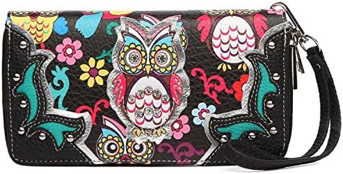 Cowgirl TrendyColorful Owl Rhinestone Studded Spring Western Style Studs Fashion Clutch Purse Women Country Wrist Strap Wristlets Wallet