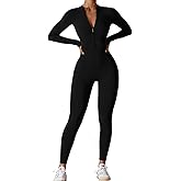 AEEZO Womens Long Sleeve Workout Jumpsuit Zip Up Yoga Rompers Sexy Tummy Control One Piece Bodycon Bottom Pants
