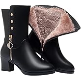 Hhhchpm Women's Wool Lined Warm Winter Comfort Mid Block Heel Boots Anti Slip Zip Chunky Heel Fashion Classic Mid-calf Boots Snow Boots