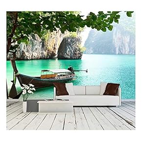Long Boat on Island in Thailand - Removable Wall Mural | Self-Adhesive Large Wallpaper - 66x96 inches
