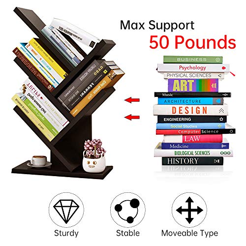 Tree Bookshelf, Bookcase 4 Tier Free Standing Wood Book Rack Display Organizer Shelves Space-Saving Use for CDs /Albums / Books in Living Room Office (Walnut)