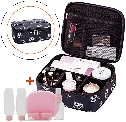 Hanging Makeup Bags for Purse with 7 Airline Approved Liquid Toiletry Bottles Travel and Refillable Containers For Girls Floral Design Black