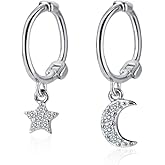 Dainty Moon Star Small Hoop Earrings Sterling Silver for Women Teen Girls Asymmetrical CZ Crystal Dangle Cartilage Tiny Huggie Hoops 8mm Jewelry