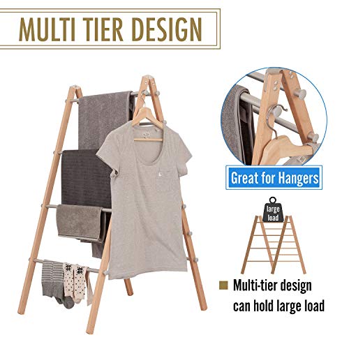 INNOKA Modern Folding Laundry Ladder Towel Rack [Lightweight Beechwood Frame] Multi-Tier Foldable Space Saving Dryer Shelf with 5m Drying Space and Max Load 8kg for Wet Clothes and Towels