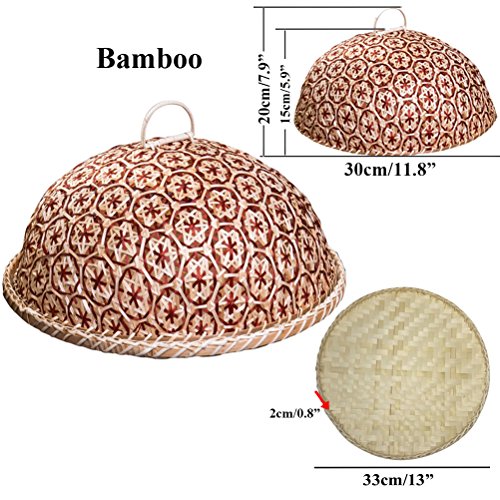 Coralpearl Bamboo Woven Food Dome Lid Cover, Keep out Flies Bugs and Table Serving Tray Storage Plate Platter with Handles for Picnic Party Bread Cake Pizza Dry Fruit Dessert Indoor Outdoor (Red) - Thumbnail 3