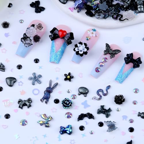 Sinyanail 300pcs Nail Art Charms Kit,Over 100pcs Mixshape Resin Gems and 100 pcs Mixed Flatback Nail Rhinestones Pearls with Over 100pcs Sequins for Women\'s Manicure Making(Black)