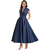 Xuzey Satin Mother of The Groom Dresses for Women Tea Length V Neck A Line Formal Evening Gown with Pockets