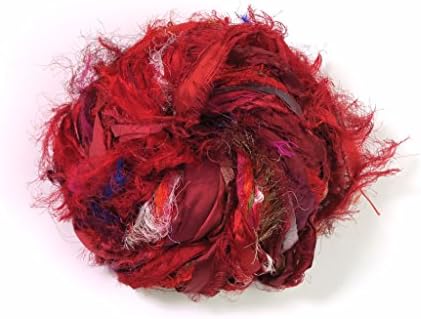 Darn Good YarnRecycled Windswept Sari Silk Ribbon Yarn 100 Grams,35 Yards, 1 Skein Handmade one of a Kind (Red)