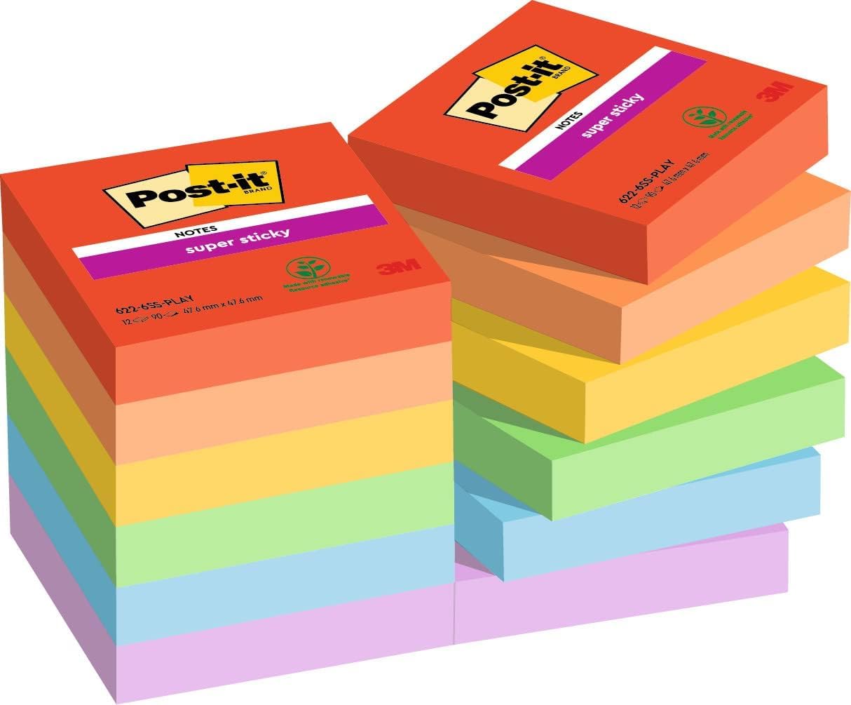 Post-it Super Sticky Notes, 1080 Sheets, Value Pack of 12 Pads, 47.6 mm² - Holds Strong to Many Surfaces - Bright Colours - for Walls, Monitors and Fridge, Recycable