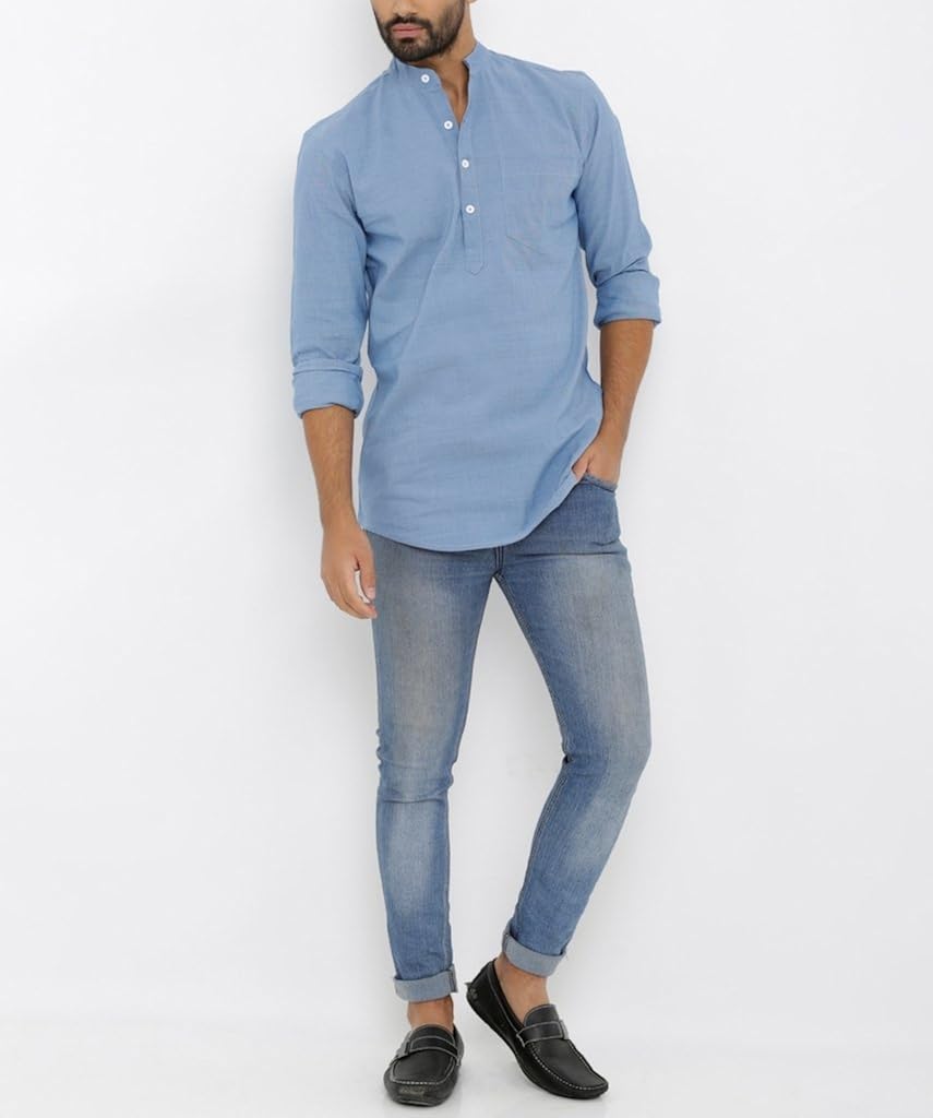 nick&jess mens blue lycra three button kurta cotton shirt