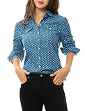 Allegra K Women Dots Point Collar Chest Pockets Denim Shirt