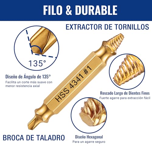 WORKPRO Juego de 6 Extractores de Tornillos Dañados Revestidos de Titanio, Removedores de Pernos Rotos para Tornillos de 2–13 mm con Estuche de Almacenaje