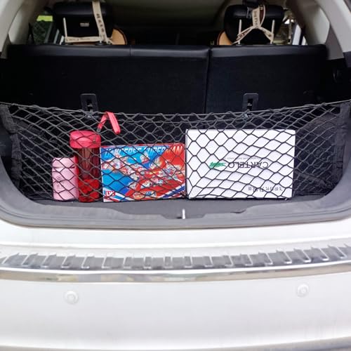 Car Boot Storage Net 110 x 60 cm – Extendable up to 220 x 120 cm – Elastic with 4 Hooks – For Most Cars