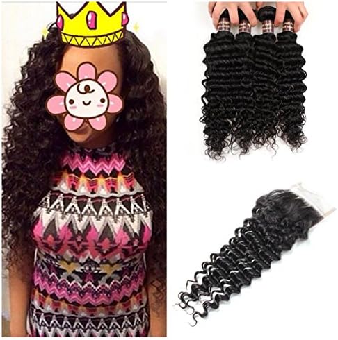 Ali Funmi Peruvian Deep Wave with Closure (10 12 14+8) Unprocessed Virgin Deep Curly Hair Weave Human Hair Bundles with 4x4 Free Part Lace Closure Natural Color