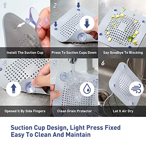 Holikme Drain Hair Catcher Shower Drain Cover, 2 Pack Silicone Drain Protector with 12 Detachable Suckers, Shower Drain Hair Trap for Tub,Bathroom,Kitchen,Bathtub,Basin, Grey/Grey