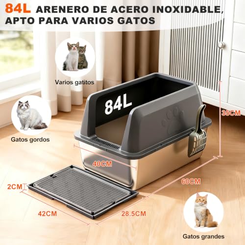 ROWIDE Arenero para Gato de Acero Inoxidable XL, Bordes Altos Antifugas con 5 Accesorios: Pala, Alfombrilla, Pegatinas, Cepillo y Bolsas. FáCil de Limpiar, No Se Pega, Apto para Gatos Grandes